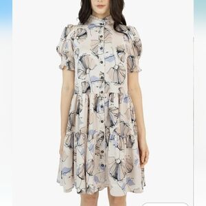 SixDo Beige Floral Print Puff Sleve Button-Down Satin Dress Size XL NWT